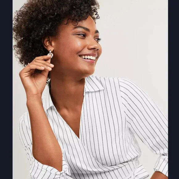 Ann Taylor Loft Striped Cotton Blend Side Wrap Blouse | NWT | XS | White Black - Picture 4 of 7